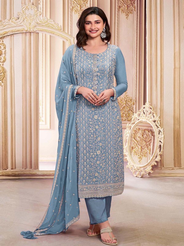 Light Blue Faux Georgette Designer Salwar Kameez